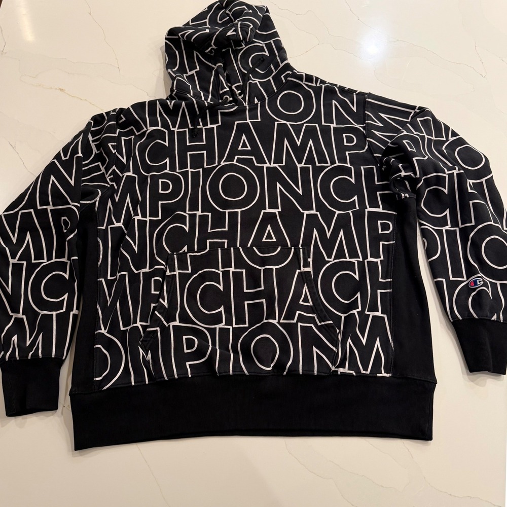 Champion Reverse Weave All Over Logo Print Hoodie Black‎ White Mens 3XL